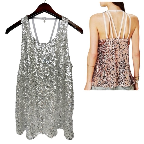 Free People Intimately Silver Sequin Strappy Tank Top Size XS - Picture 1 of 12